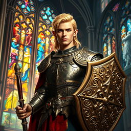 A male cleric of mixed heritage, 1/4 dwarf, 1/4 elf, and 1/2 human, with striking blond hair