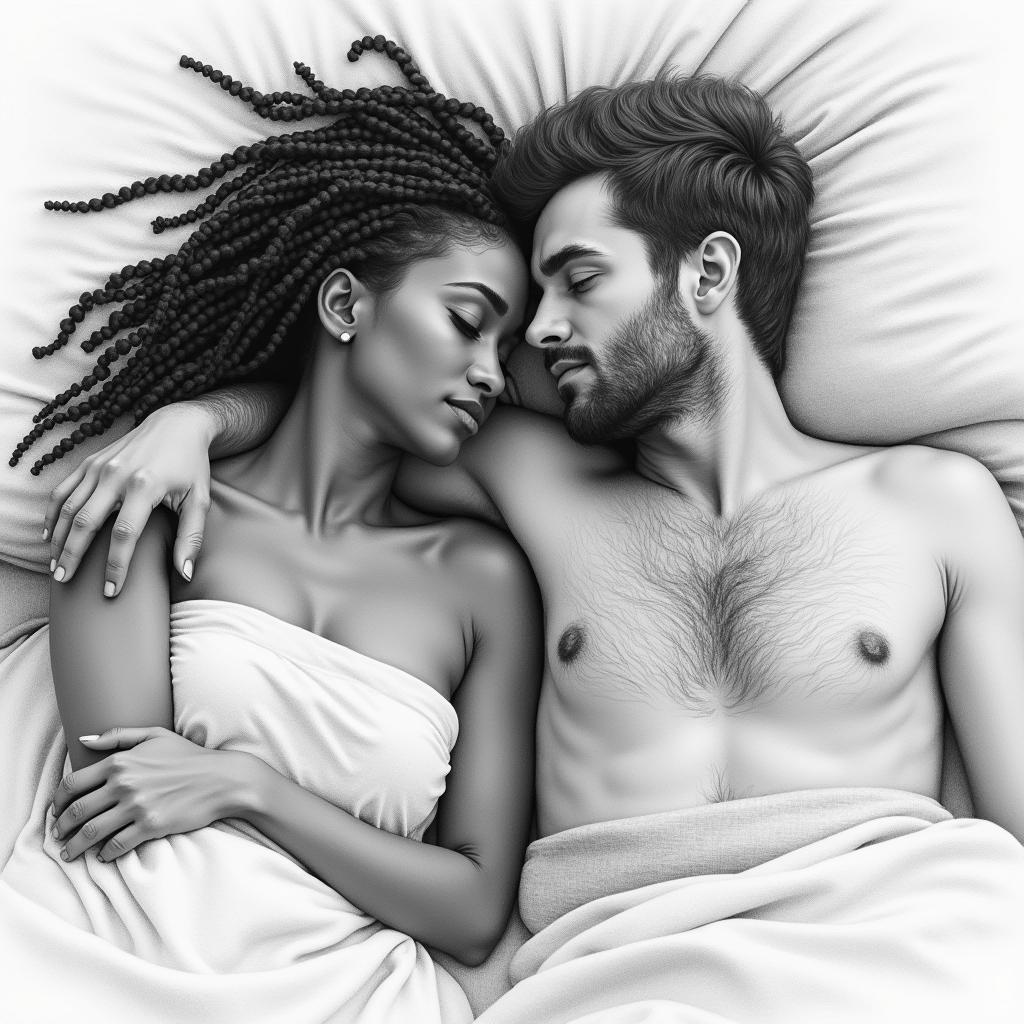 A 40-year-old Kenyan woman with braids and a 50-year-old Swedish man with dark hair, both lying together in bed