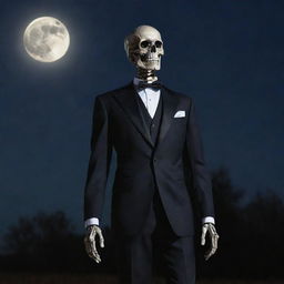 A well-defined skeleton gleaming in the moonlight, dressed in a dapper, tailored suit, exhibiting an air of class and mystery.