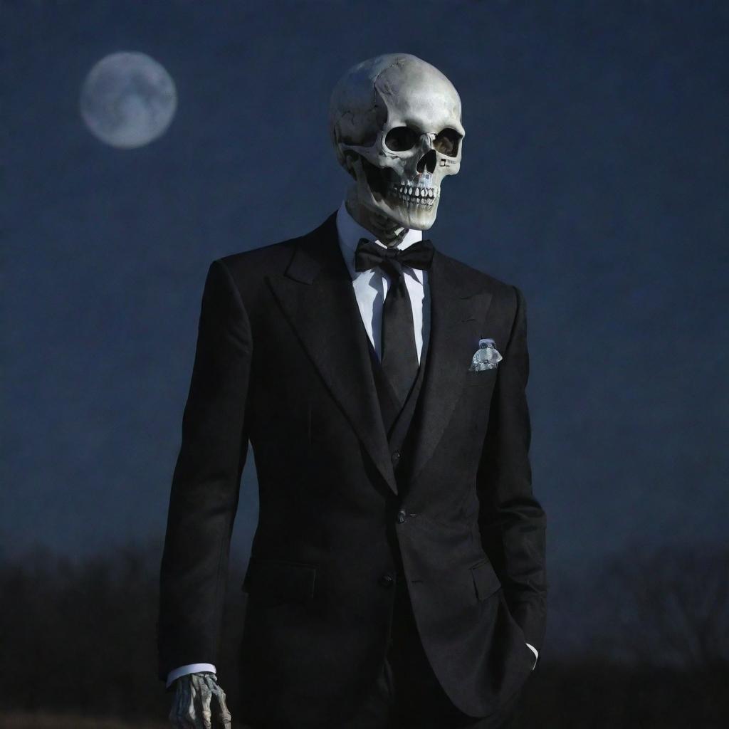 A well-defined skeleton gleaming in the moonlight, dressed in a dapper, tailored suit, exhibiting an air of class and mystery.