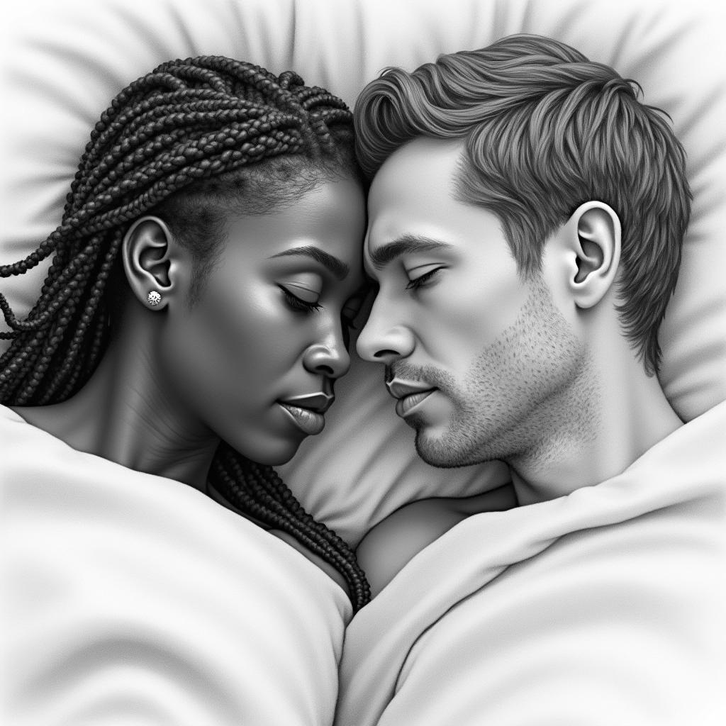 A 40-year-old Kenyan woman with braids and a 55-year-old Swedish man with dark hair, both lying on a bed, captured in a detailed pencil drawing style