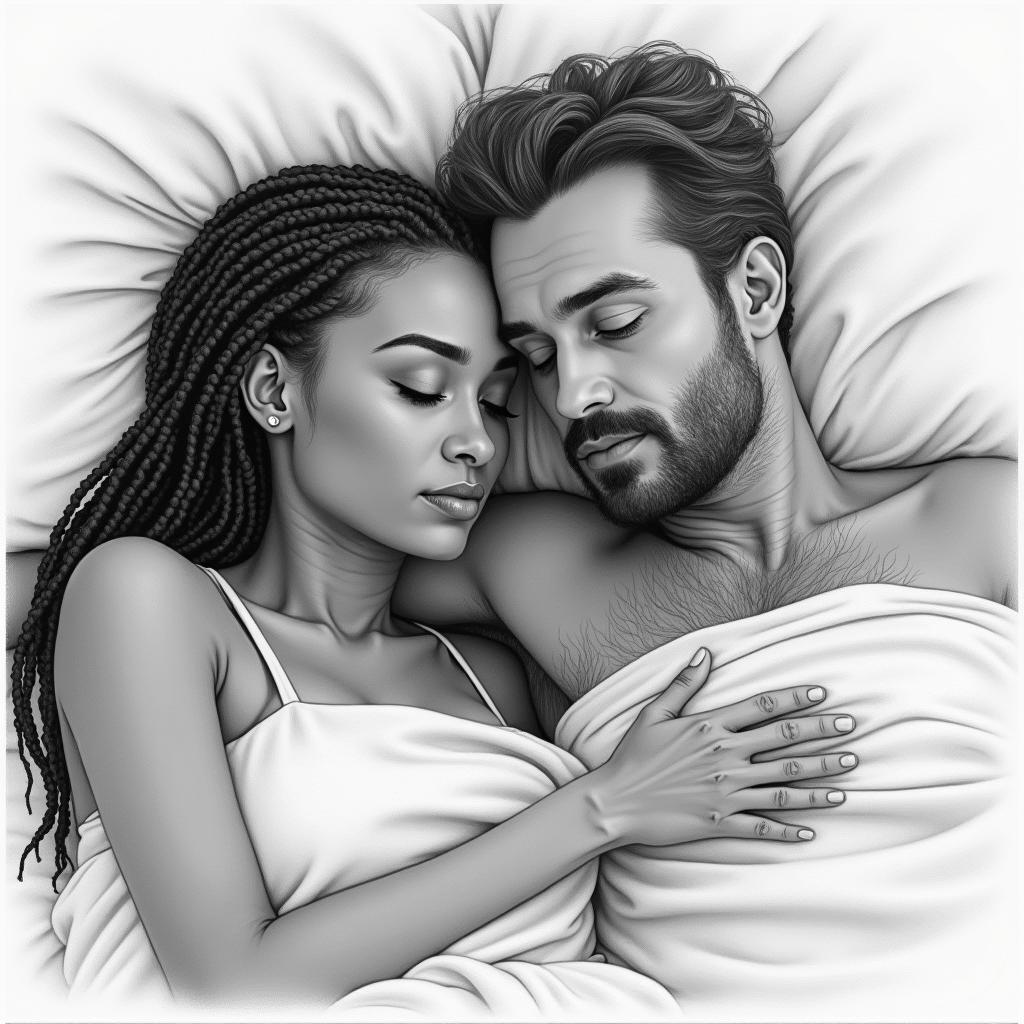 A 40-year-old Kenyan woman with braids and a 55-year-old Swedish man with dark hair, both depicted on a bed in a pencil drawing style