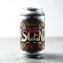 A soda can featuring graffiti-style text with the word "ASCEND" on it