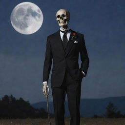 A well-defined skeleton gleaming in the moonlight, dressed in a dapper, tailored suit, exhibiting an air of class and mystery.