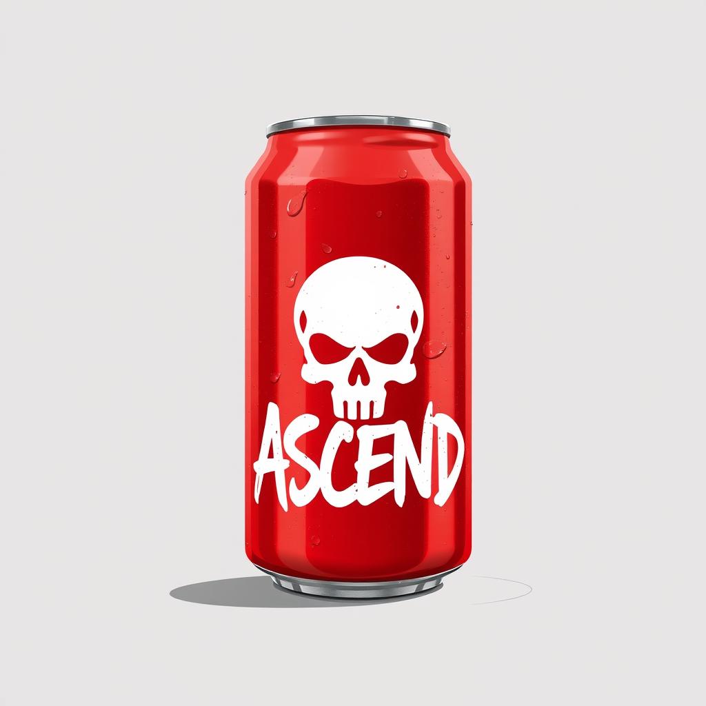 A 2D illustration of a red soda can featuring white graffiti-style text with the word "ASCEND" prominently displayed along with a white skull silhouette