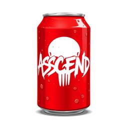 A 2D illustration of a red soda can featuring white graffiti-style text with the word "ASCEND" prominently displayed along with a white skull silhouette