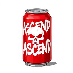 A 2D illustration of a red soda can featuring white graffiti-style text with the word "ASCEND" prominently displayed along with a white skull silhouette