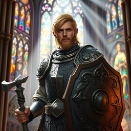 A male cleric of mixed heritage, 1/4 dwarf, 1/4 elf, and 1/2 human, showcasing striking blond hair