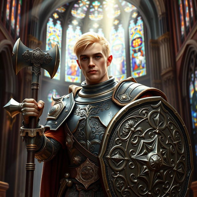 A male cleric of mixed heritage, 1/4 dwarf, 1/4 elf, and 1/2 human, showcasing striking blond hair