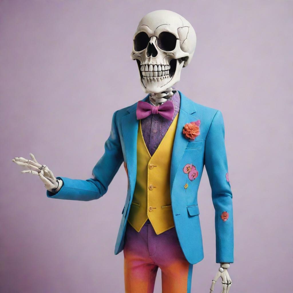 A stylized cartoon of a skeleton, grinning playfully and donned in a charming, colourful suit, creating a whimsical yet chic atmosphere.