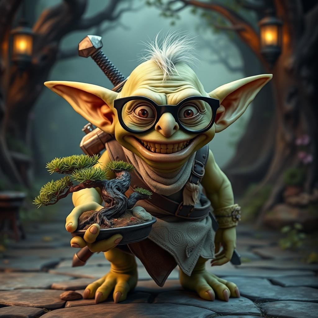 A Dungeons & Dragons-inspired goblin with comical joke glasses featuring exaggerated features like a broad grin and mischievous expression