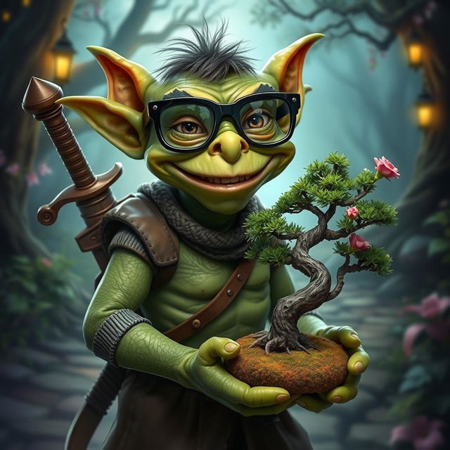 A Dungeons & Dragons-inspired goblin with comical joke glasses featuring exaggerated features like a broad grin and mischievous expression