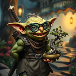 A Dungeons & Dragons-inspired goblin with comical joke glasses featuring exaggerated features like a broad grin and mischievous expression