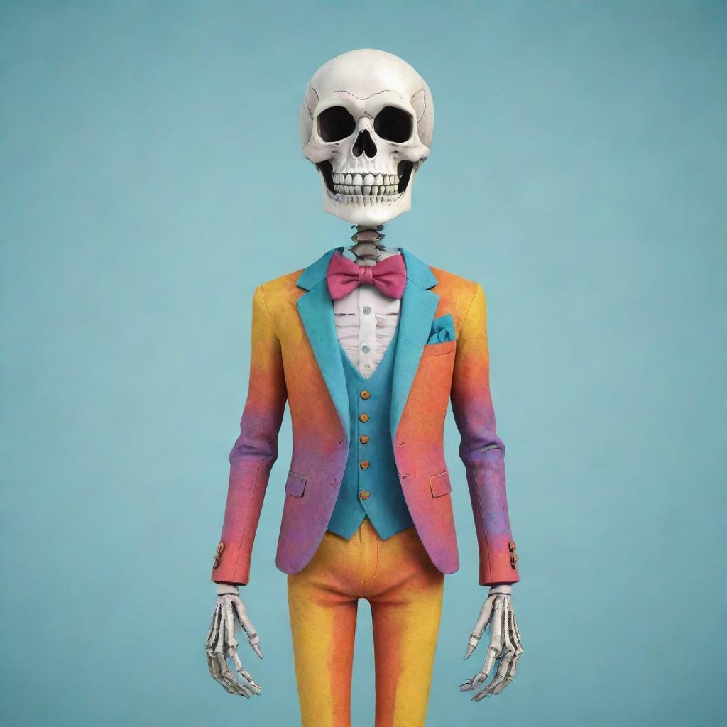 A stylized cartoon of a skeleton, grinning playfully and donned in a charming, colourful suit, creating a whimsical yet chic atmosphere.