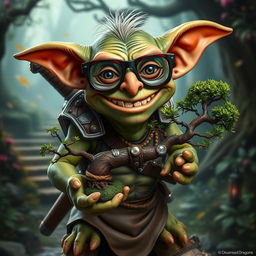 A Dungeons & Dragons-inspired goblin with comical joke glasses featuring exaggerated features like a broad grin and mischievous expression