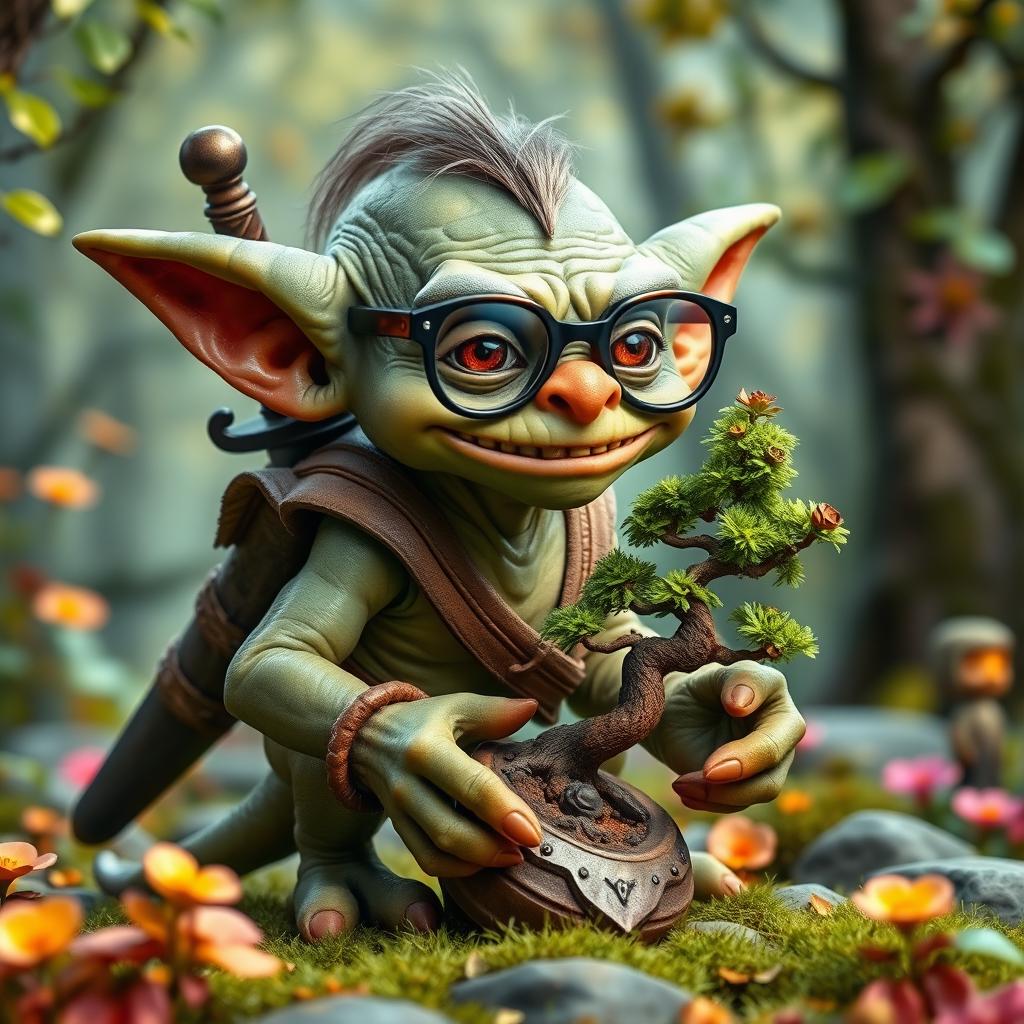 A less realistic, fantasy-themed goblin inspired by Dungeons & Dragons, wearing funny joke glasses