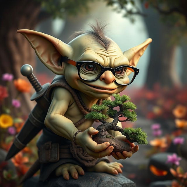 A less realistic, fantasy-themed goblin inspired by Dungeons & Dragons, wearing funny joke glasses