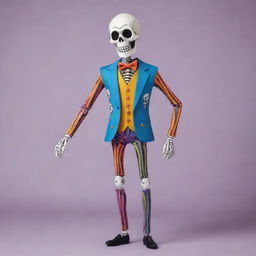 A stylized cartoon of a skeleton, grinning playfully and donned in a charming, colourful suit, creating a whimsical yet chic atmosphere.