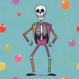 A stylized cartoon of a skeleton, grinning playfully and donned in a charming, colourful suit, creating a whimsical yet chic atmosphere.