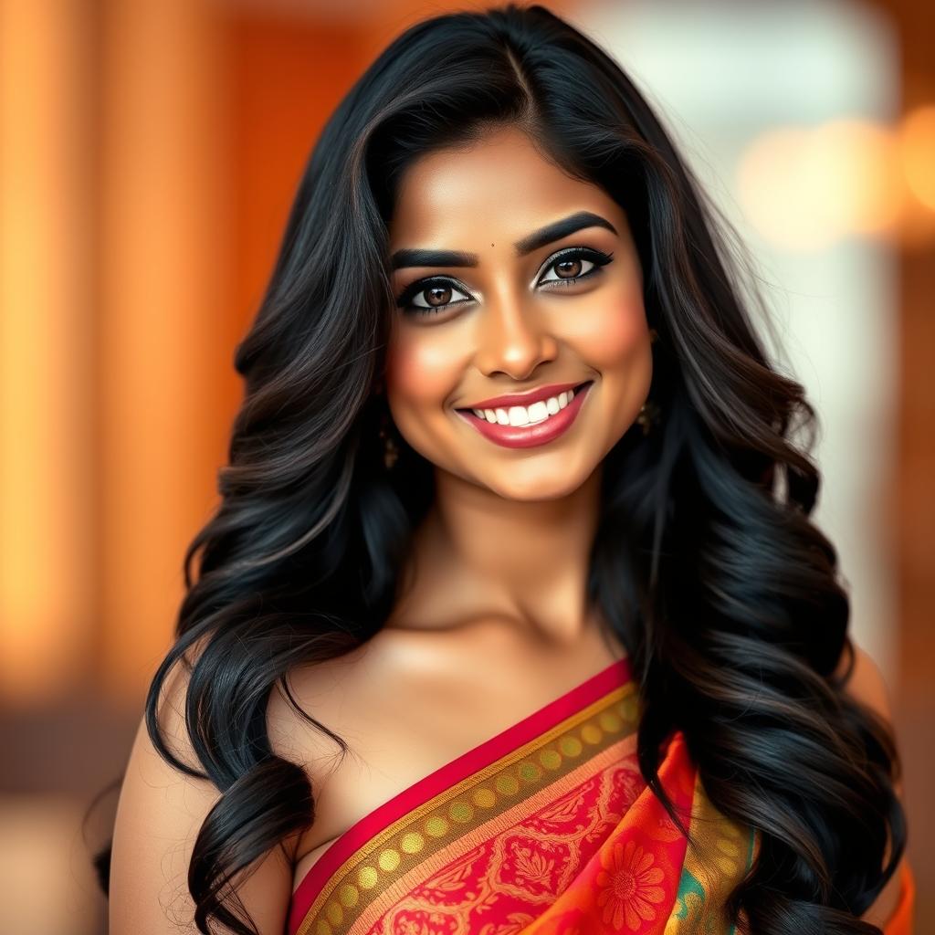 A stunning Indian woman in her 20s with long, dark hair styled in loose waves