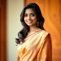 A stunning Indian woman in her 20s with long, dark hair styled in loose waves