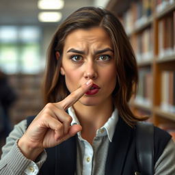 A person making a shut up gesture with their index finger over their lips, conveying a sense of quiet or hush