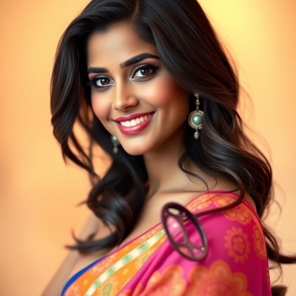 A stunning Indian woman in her 20s with long, dark hair styled in loose waves