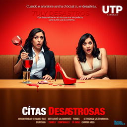 A movie poster titled 'Citas Desastrosas' depicting a comical scene of a chaotic date night