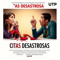 A movie poster titled 'Citas Desastrosas' depicting a comical scene of a chaotic date night