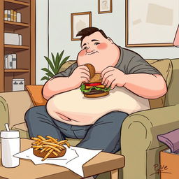 A 2D illustration depicting a fat man sitting comfortably on a sofa while eating a burger