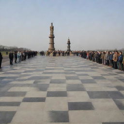 An enormous chessboard where humans stand as chess pieces. To the right, a gigantic human figure towers over them, multiple times their height.