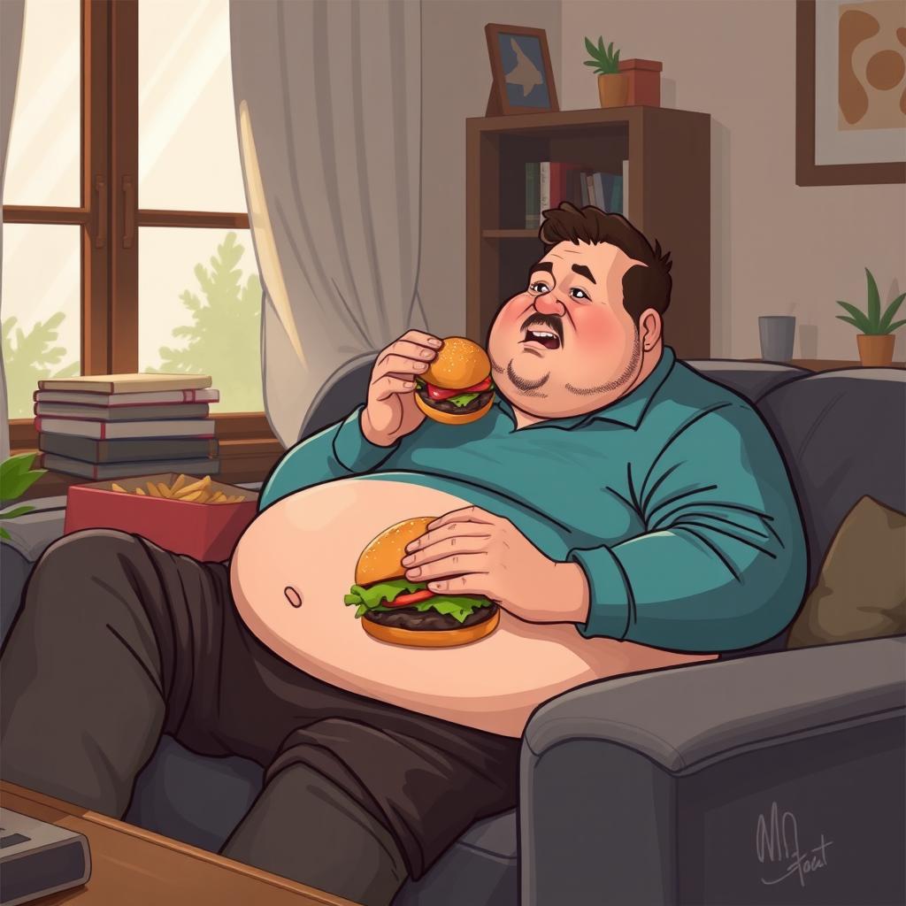 A 2D illustration depicting a fat man sitting comfortably on a sofa while eating a burger