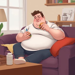 A 2D illustration depicting a fat man sitting comfortably on a sofa while eating a burger