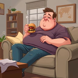 A 2D illustration depicting a fat man sitting comfortably on a sofa while eating a burger