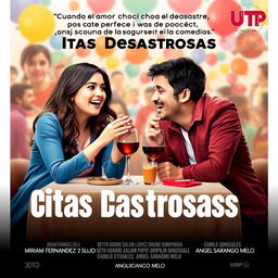 A movie poster for "Citas Desastrosas", featuring the tagline "Cuando el amor choca con el desastre, solo puede surgir la comedia