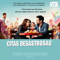 A movie poster for "Citas Desastrosas", featuring the tagline "Cuando el amor choca con el desastre, solo puede surgir la comedia