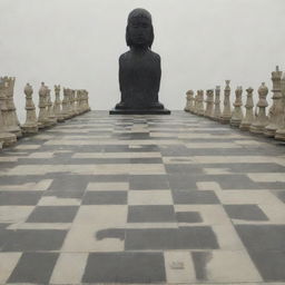 An enormous chessboard where humans stand as chess pieces. To the right, a gigantic human figure towers over them, multiple times their height.