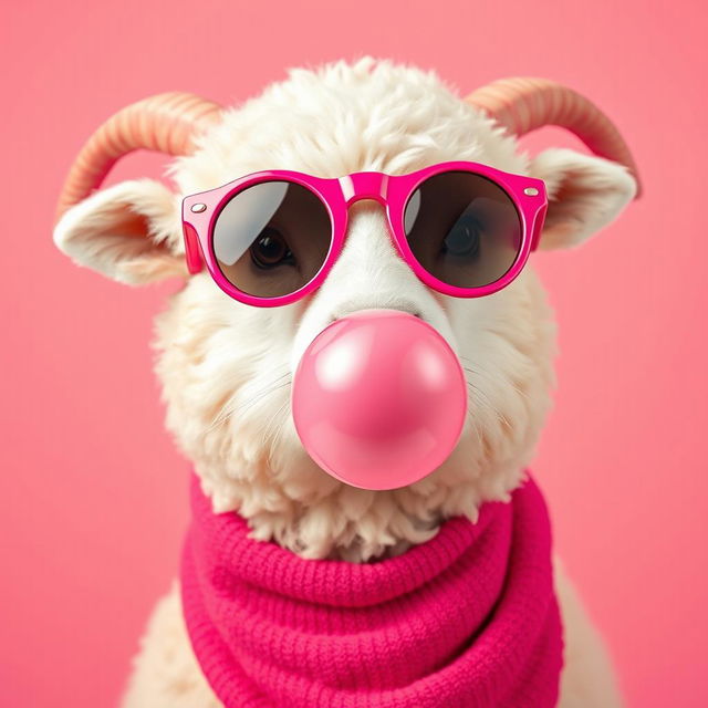 A cute white fluffy sheep wearing vivid pink round sunglasses with matching vivid pink frames