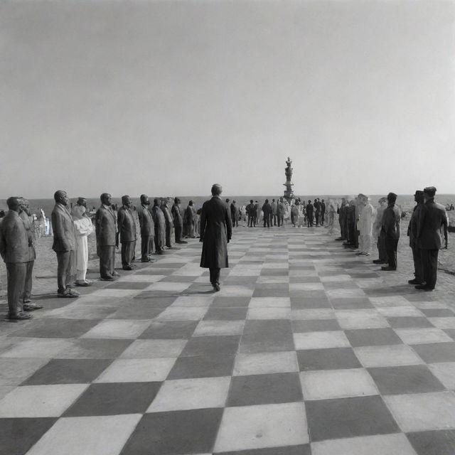 An enormous chessboard where humans stand as chess pieces. To the right, a gigantic human figure towers over them, multiple times their height.