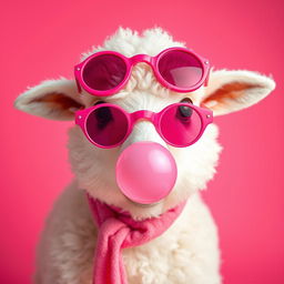 A cute white fluffy sheep wearing vivid pink round sunglasses with matching vivid pink frames