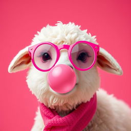 A cute white fluffy sheep wearing vivid pink round sunglasses with matching vivid pink frames