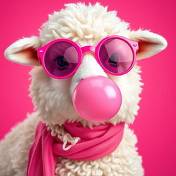 A cute white fluffy sheep wearing vivid pink round sunglasses with matching vivid pink frames