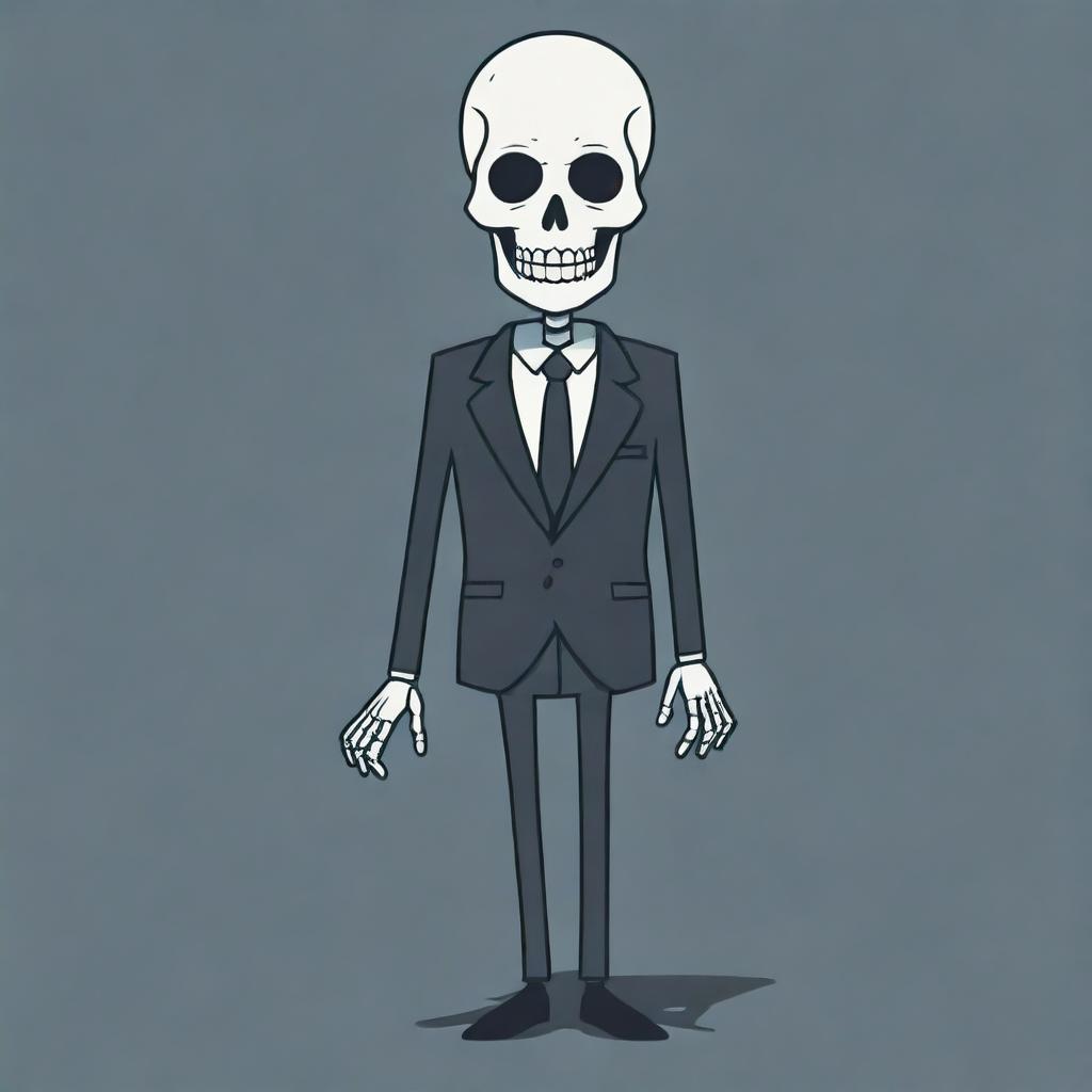 A simplified version of a cartoon skeleton in a suit, crafted with stark lines and minimalistic design, yet exuding a chilling sense of apprehension.