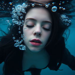 A beautiful teenage woman with black hair, appearing underwater at the bottom of the sea