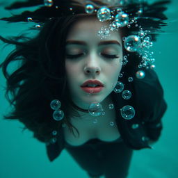 A beautiful teenage woman with black hair, appearing underwater at the bottom of the sea