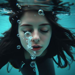 A beautiful teenage woman with black hair, appearing underwater at the bottom of the sea