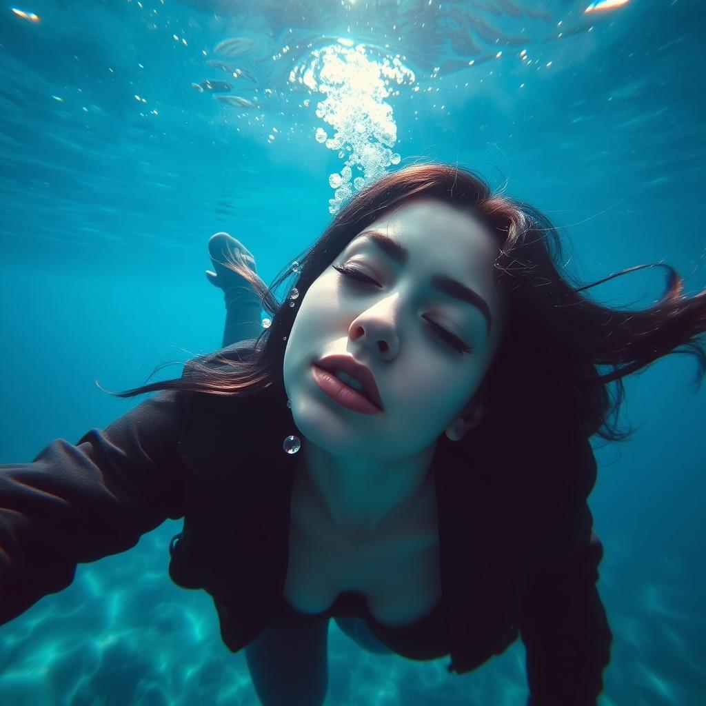 A serene underwater scene depicting a beautiful woman with black hair floating at the bottom of the sea