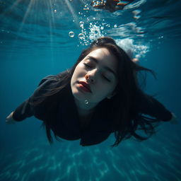 A serene underwater scene depicting a beautiful woman with black hair floating at the bottom of the sea