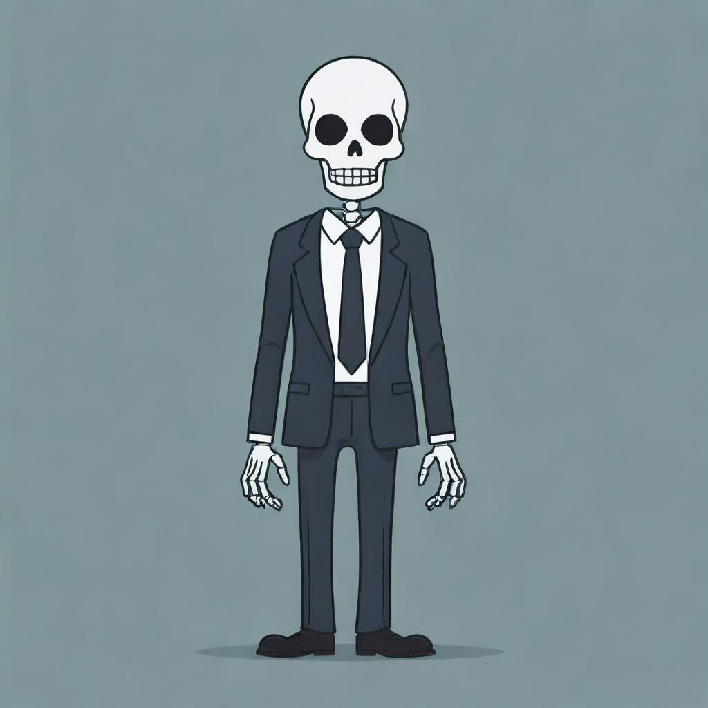 A simplified version of a cartoon skeleton in a suit, crafted with stark lines and minimalistic design, yet exuding a chilling sense of apprehension.