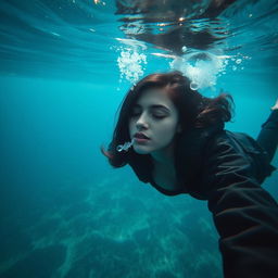 A serene underwater scene depicting a beautiful woman with black hair floating at the bottom of the sea